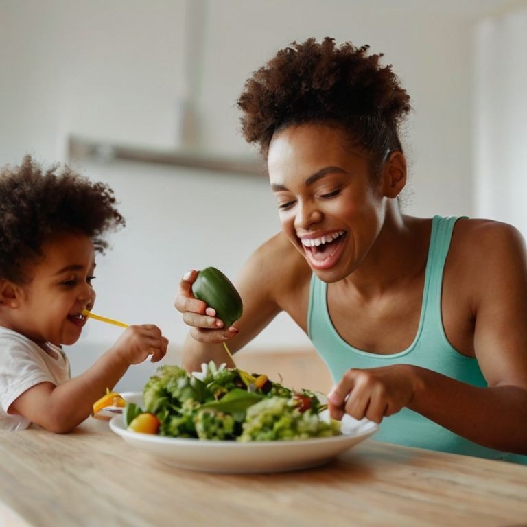 A woman and a kid having a salad.