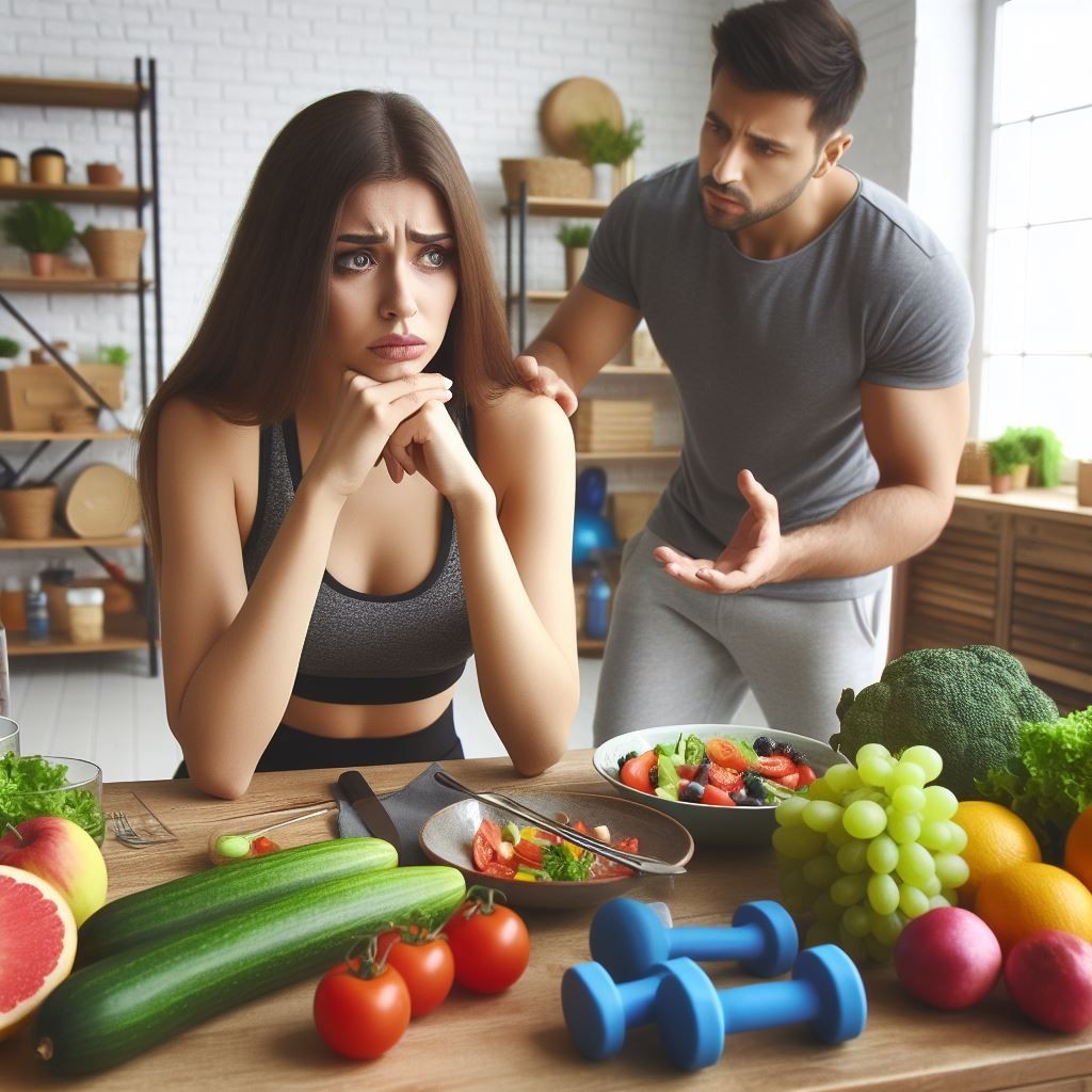 A man consoling a woman, healthy food on the table.
