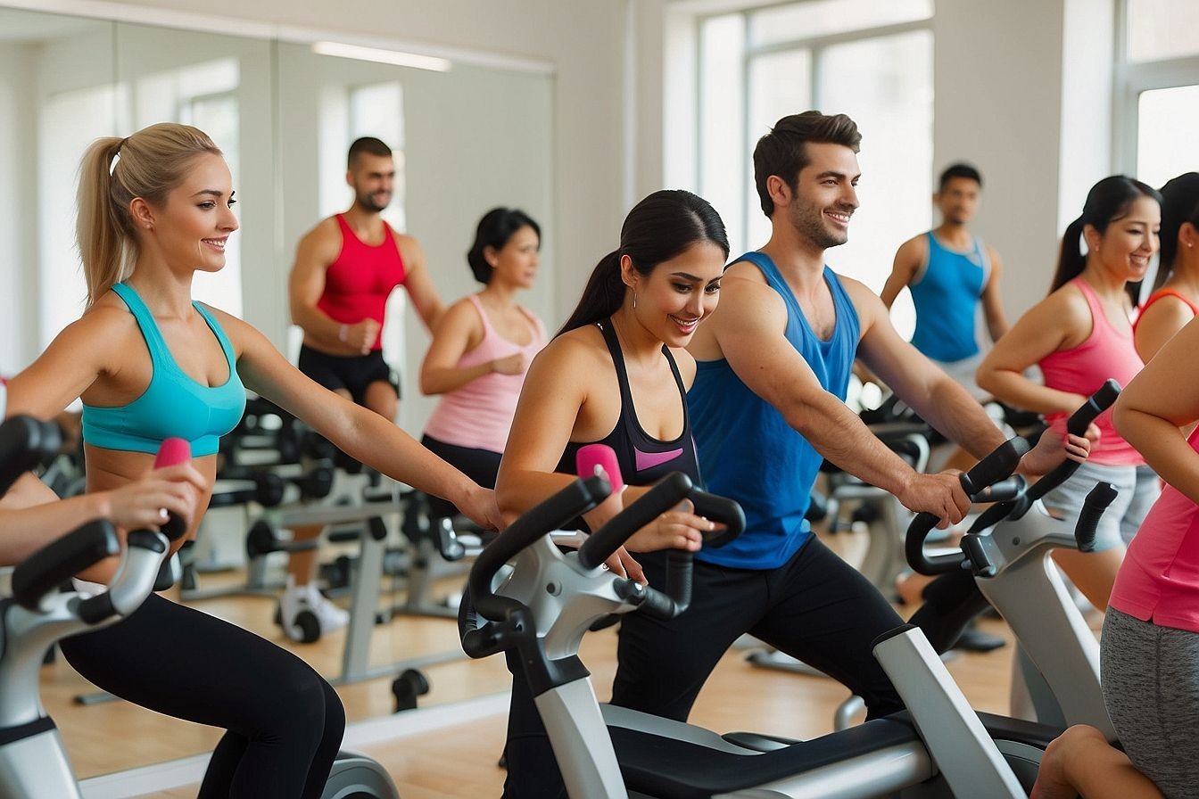 A group of people exercising in the gym.